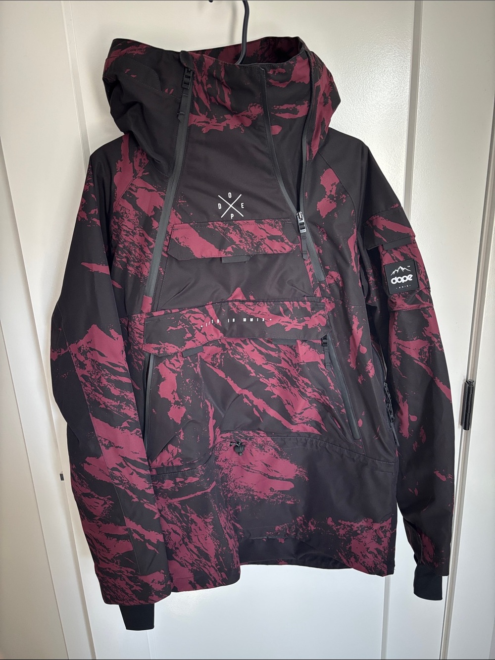DOPE Ski Jacket in Black & Burgundy Mountain Print